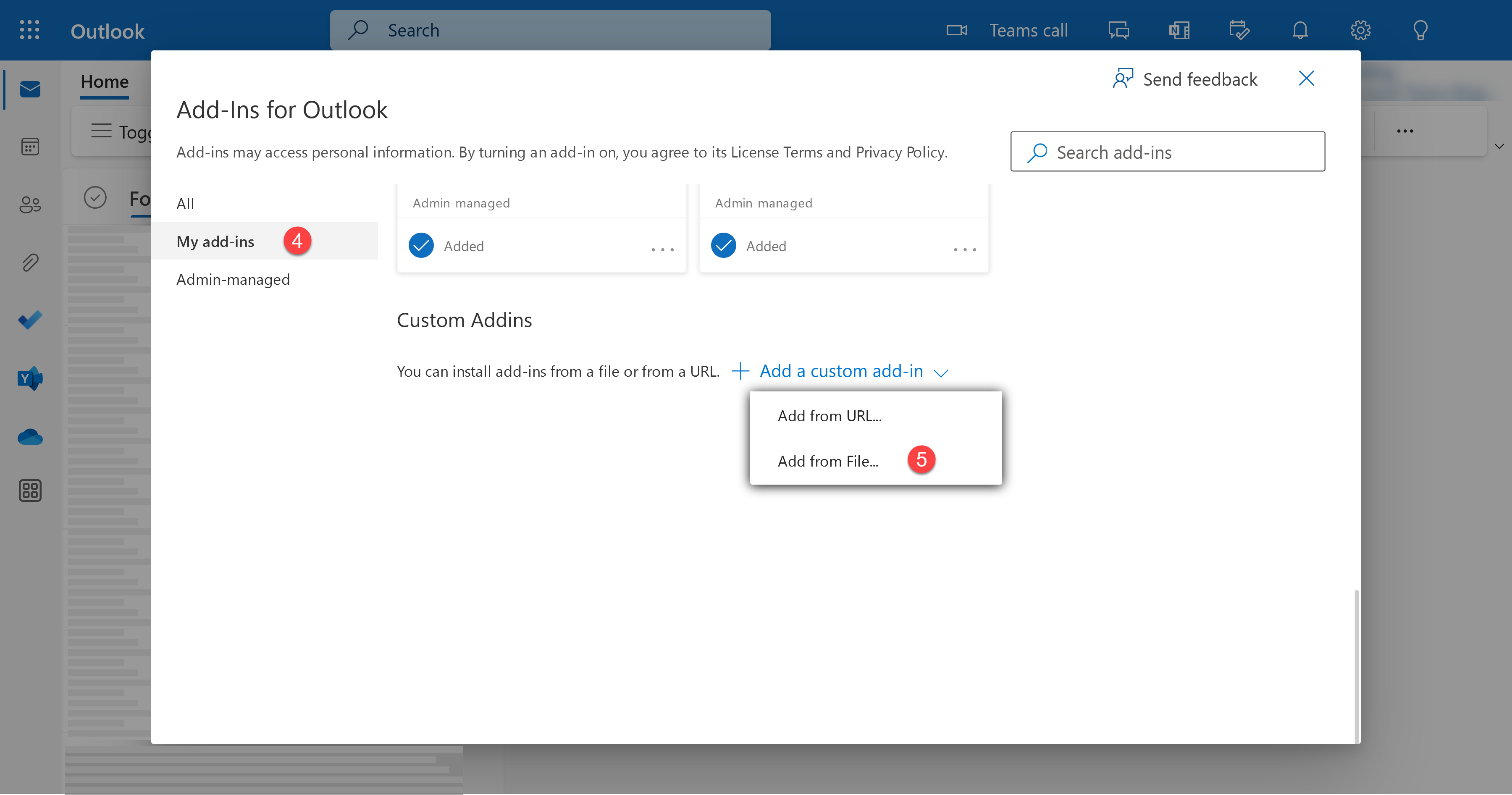 Add-Ins for Outlook menu