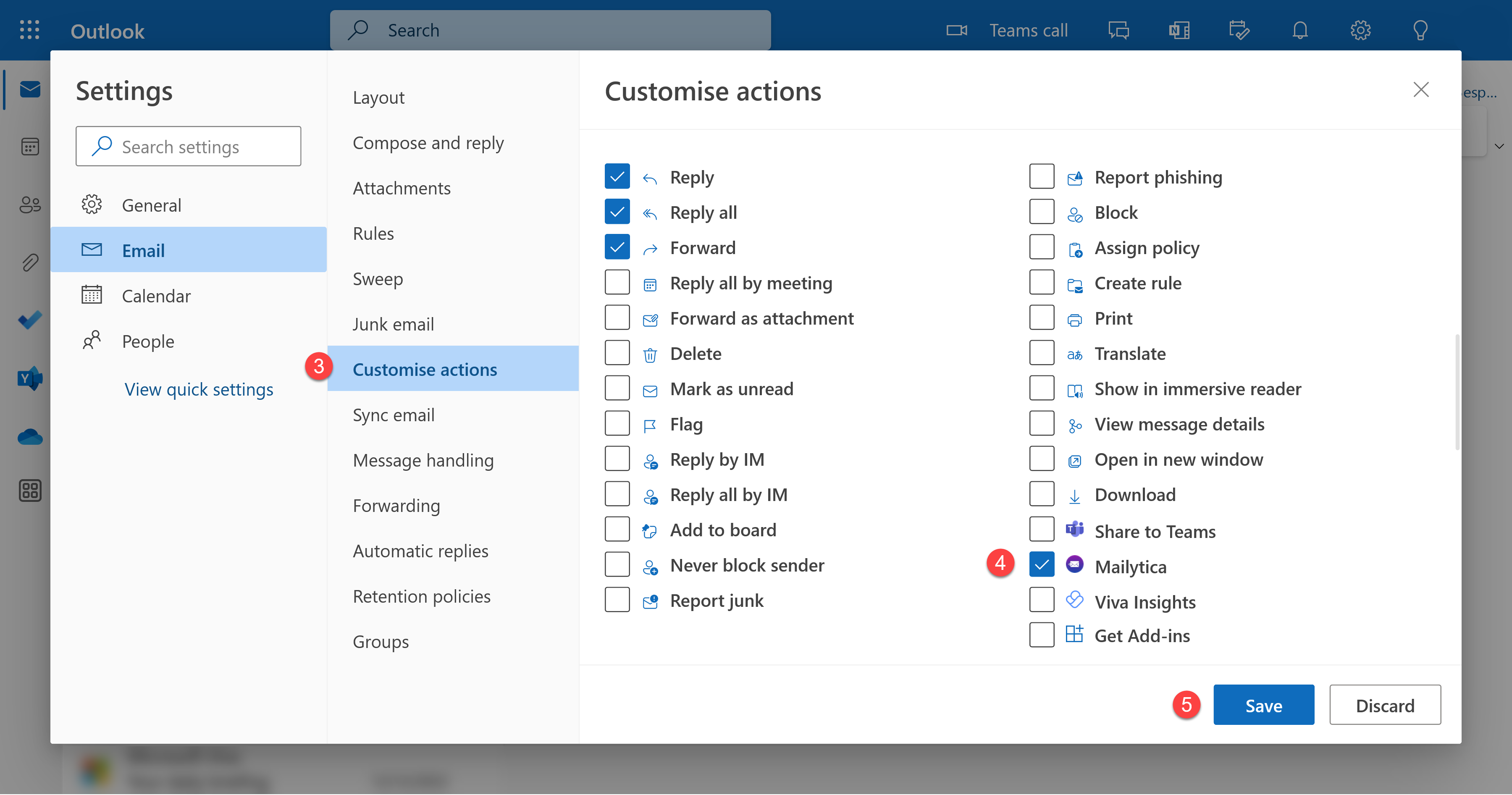 Outlook on the Web actions