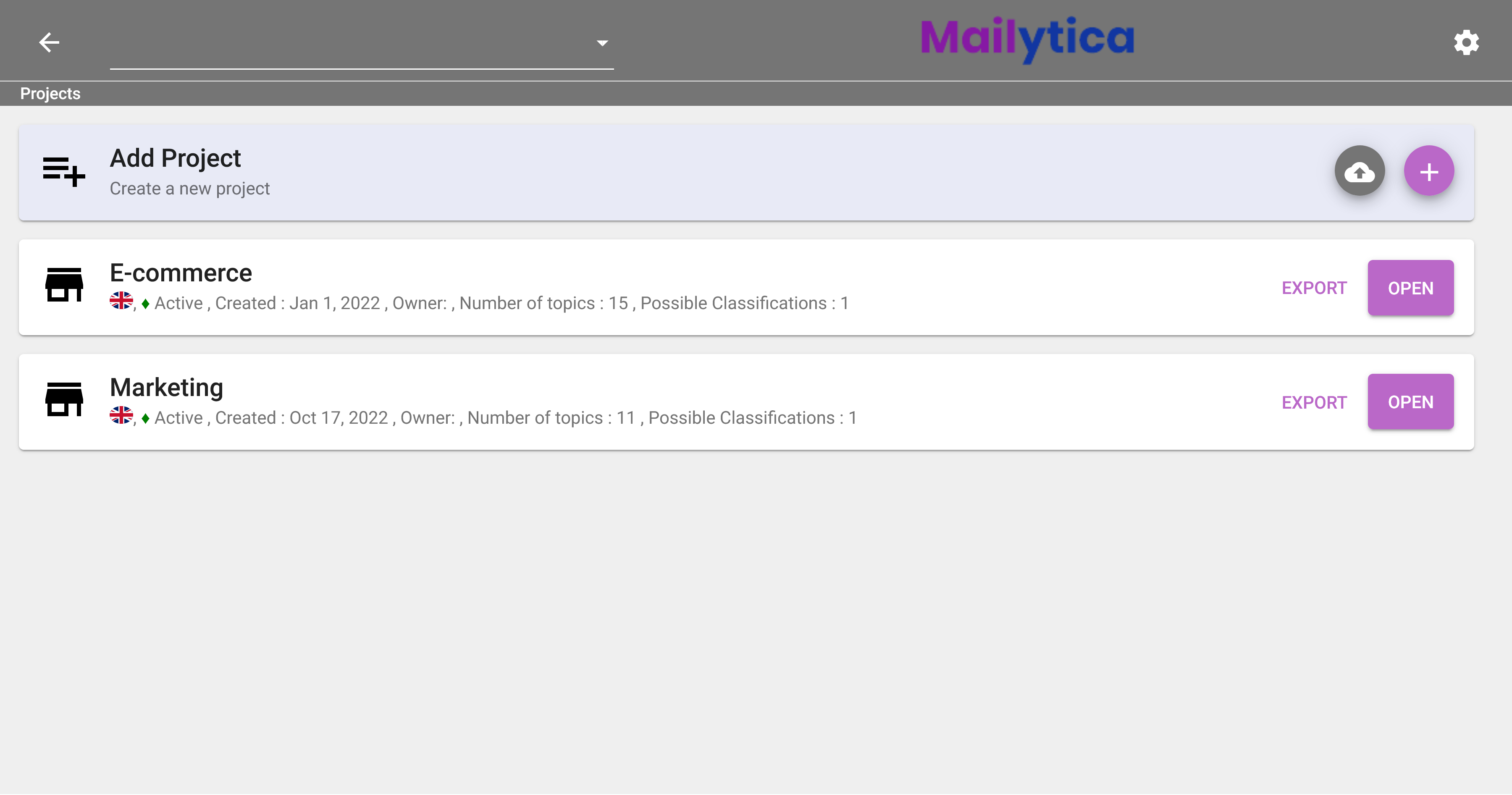 Projects screen in mailytica.cloud