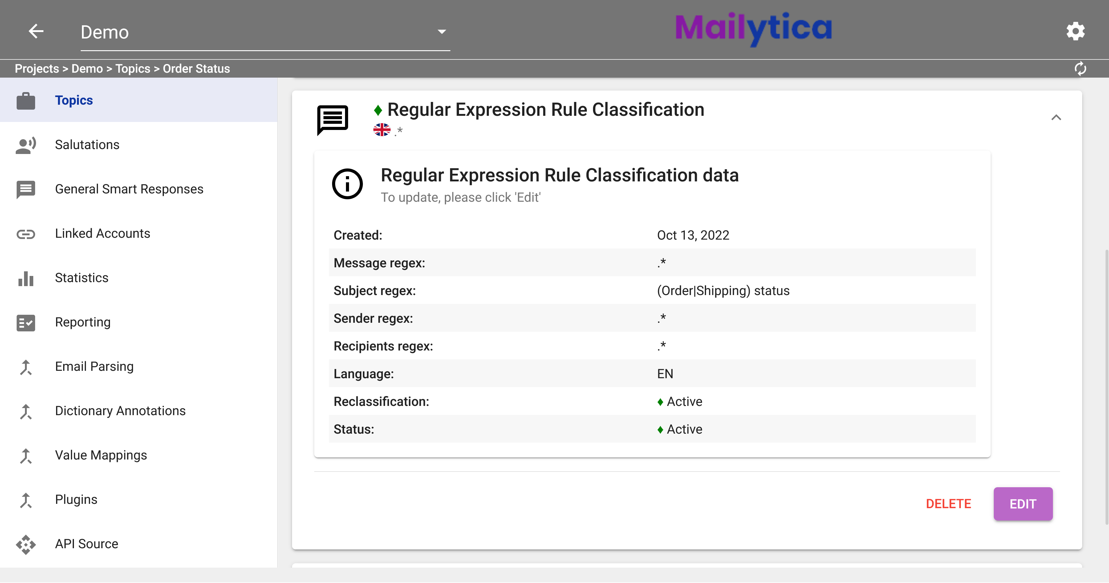 Regular expression classification model details