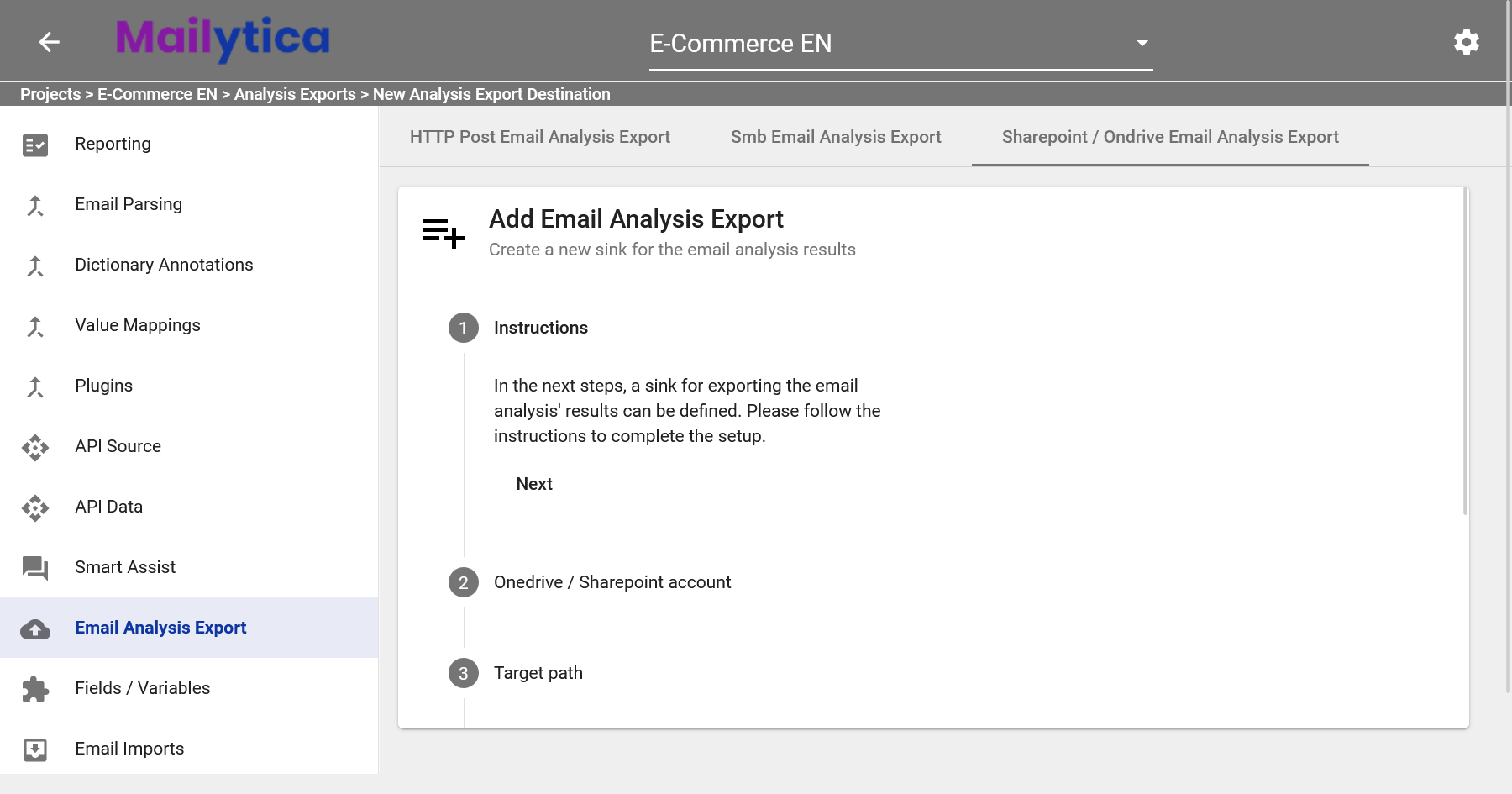 SharePoint account in Mailytica's Email Analysis Export